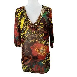 90s Vintage Mix Nouveau Multi Floral Print Sheer Beaded Blouse Oversized S NWT